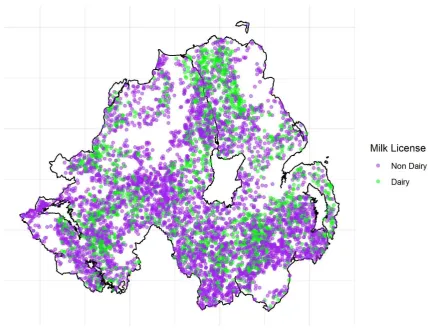Figure 1. The spatial distribution of study herds with (green), and without (purple) a milk license in NI.