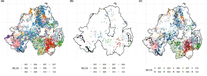 Figure 2. The spatial distribution of the twelve most common MLVA types in (a) cattle, (b) RTA badgers, and (c) MLVA types common to both cattle and RTA badgers.