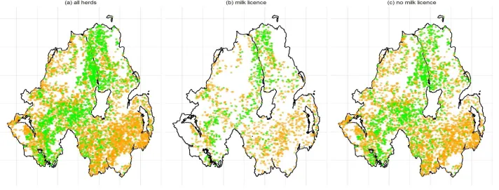 Figure 3. The spatial distribution of the most common MLVA type (002), shown in (a) all herds, (b) herds with a milk license, and (c) herds without a milk license