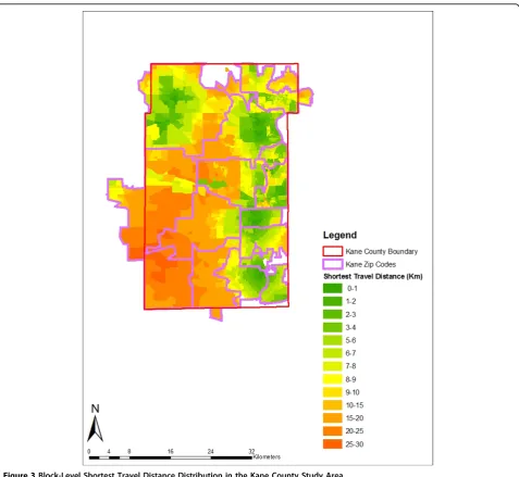 Figure 3 Block-Level Shortest Travel Distance Distribution in the Kane County Study Area.