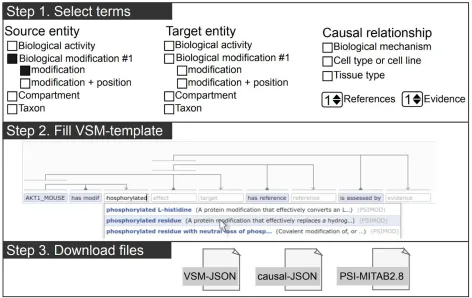 Figure 1. Steps for building a causal statement in causalBuilder.           In Step 1, the different     annotation features supported by MI2CAST can be selected in causalBuilder’s interactive           selection panel (larger than shown)
