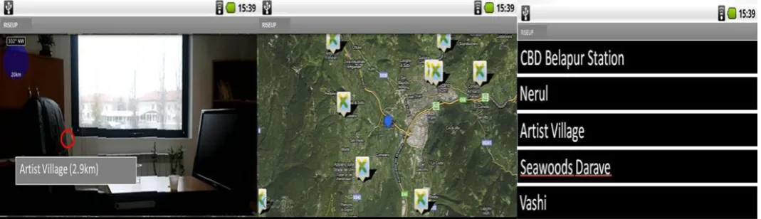 Fig 5: (Left to Right) Rise Up: Augmented Reality View, Map View and List view