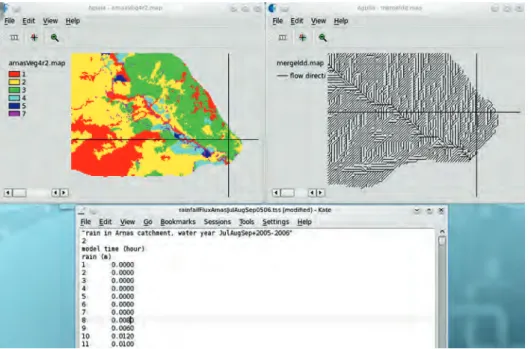 Figure 3. Examples of entities used in our study case: map of vegetation (upper left panel); zoom to the ldd map (upper right panel); and rainfall time series (lower panel).
