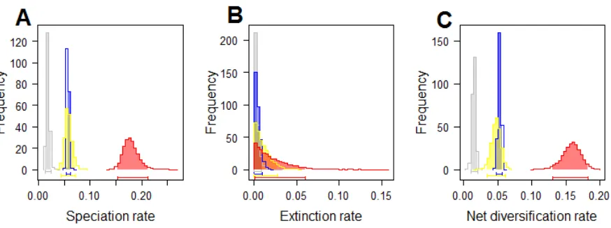 Figure 6.2. Posterior distributions of parameter estimates for diversification of amphibians using 