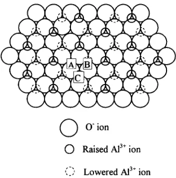 Fig. 5. [OOOl] projection first two layers A (metal-over showing of the surface of alumina the position of the surface oxygen ions and the of Al’+ ions