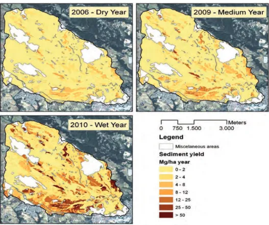 Figure 3. Sediment yield in three representative years of the analyzed series (2001-2010): 2006 (329.9 mm, dry year), 2009 (542.9 mm, medium year) and 2010 (735.7 mm, wet year).
