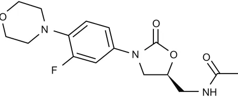 Figure 1 Chemical structure of linezolid. Its molecular weight is 337.35 and its empirical formula is C16H20FN3ONote: The activity of the drug is enhanced by the morpholino group in the first ring 4.(from the left) and the fluoride atom in the second ring.