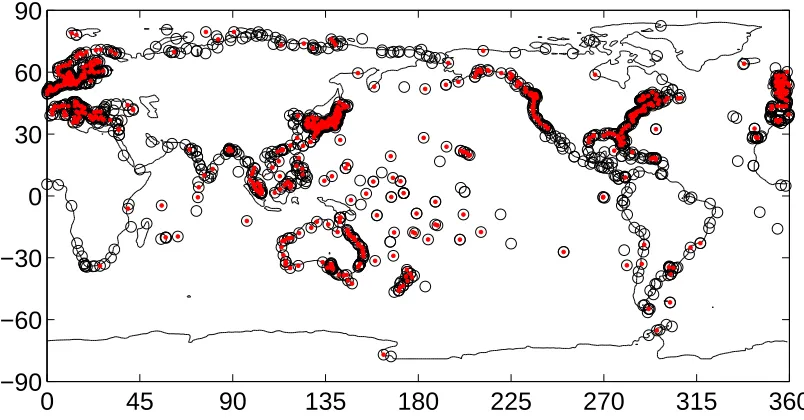 Figure 3.1: Map showing locations of all tide gauges in the PSMSL database(black circles) and those with data during 1993 - 2010 (red).