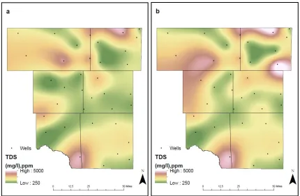 Fig 5. Spatial distribution of TDS in the study area for (a) 1992-2005 and (b) 2006-2019
