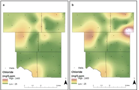Fig 6. Spatial distribution of chloride in the study area for (a) 1992-2005 and (b) 2006-2019.