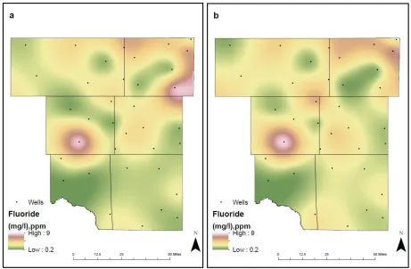 Fig 7. Spatial distribution of fluoride in the study are for (a) 1992-2005 and (b) 2006-2019