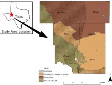 Fig 1. Study area map showing well locations, county and aquifer names.  