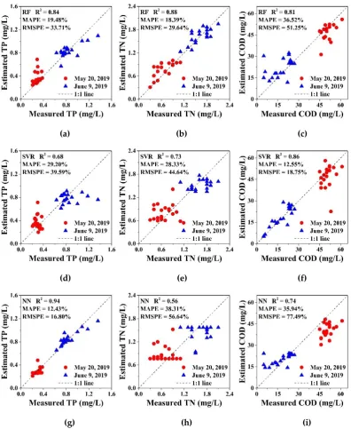 Figure 8. The model performance of TP, TN and COD retrieval. (a), (b), (c) represent the accuracy of RF; (d), (e), (f) represent the accuracy of SVR; and (g), (h), (i) represent the accuracy of NN