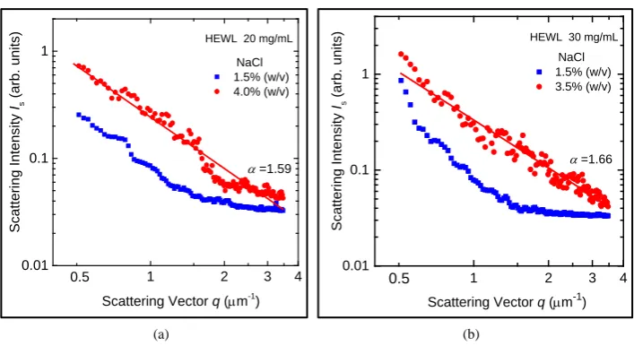 Figure 3. Log-log plots of scattering light intensity Is as a function of scattering wave vector qfor (a) 20 mg/ml lysozyme solution with 1.5% (w/v) and 4.0% (w/v) NaCl and for (b) 30 mg/ml lysozyme solution with 1.5% (w/v) and 3.5% (w/v) NaCl