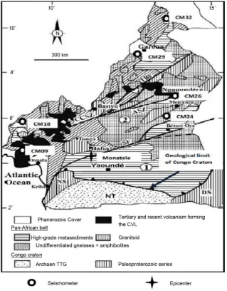 Figure 1. Position of the Sanaga Fault (SF) and Monatele on the map of Cameroon. The star indicates the position of Monatele (the epicenter of the earthquake) and the ar-row points to the Geological limit of the Congo Craton (adapted from [4])