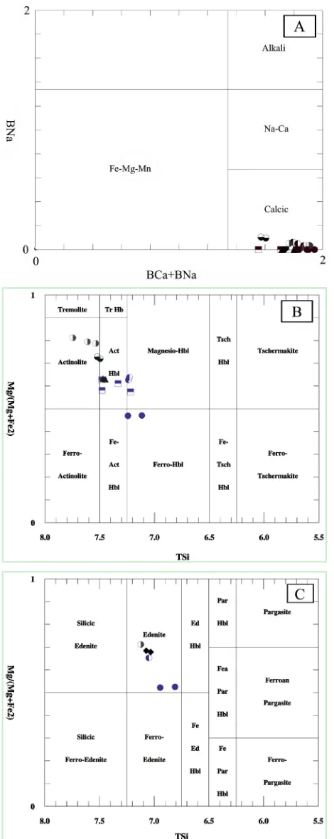 Figure 7. (A) Classification of the analyzed amphiboles based on occu- pancy of B location in the mineral structure by Ca and Na [22]; (B) and (C) Classifying of the analyzed amphiboles based on Mg/(Mg + Fe2) vs