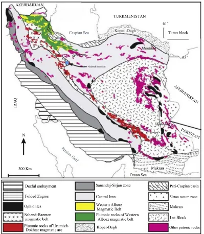 Figure 1. Schematic geological map of Iran, showing the distribution of the sedimentary and structural units and plutonic igneous rocks [after 16]