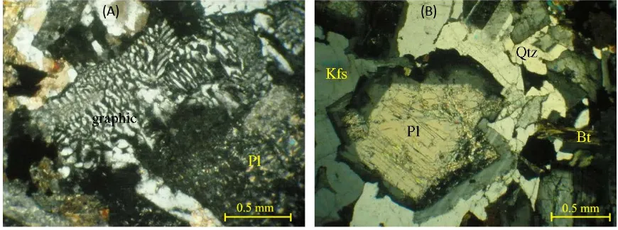 Figure 5. (A) Graphic intergrowth in the quartz monzodiorites; (B) Plagioclase crystal with different composition at the core and rim in the granodiorites