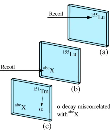Figure 3.17: A mechanism by which miscorrelations can occur in a DSSD pixel.(a)becomes implanted in the same DSSD pixel shortly after the ﬁrst.recoil decays viasource of the A recoil of interest becomes implanted in the DSSDs