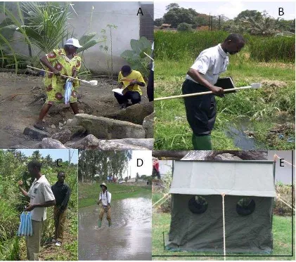 Figure 2.2.1 community-based implementation of the UMCP roles: Comprehensive larval blowers (surveillance (A), Quality control larval surveillance (B), Larvicide application by hand (C) and D) and Routine Entomological Monitoring using the Ifakara Tent Trap (E)  
