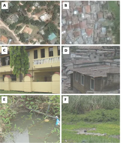 Figure 2.3.2 Aerial photos for planned Salaam with ground-based photos of common features for each ((A) and unplanned (B) settlements of urban Dar es C and E versus D and F, 