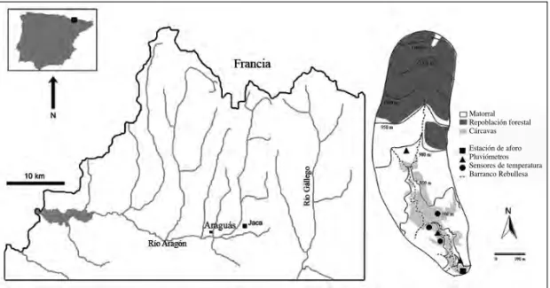 Figura 1. Localización e instrumentación de la cuenca de Araguás