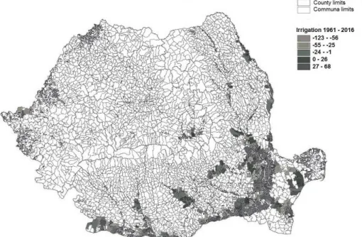 Figure  1  illustrates  the  evolution  of  annual  precipitations  (P)  for  the  time  period of 2001–2016 as compared to the  time period of 1961-2000 at the territorial  administrative  unit (UAT) level (NUTS 5)