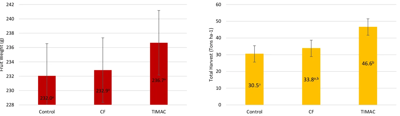 Figure 3: Improvement of fruit weight (to the left) and total harvest (to the right) under TIMAC treatment