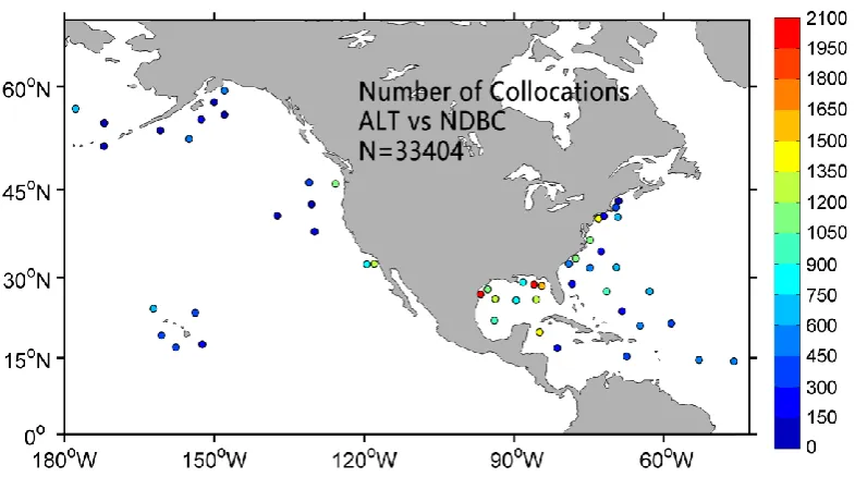Figure 1. The locations of NDBC buoys used in this study. The color of the dots indicates the number of collocations at each site