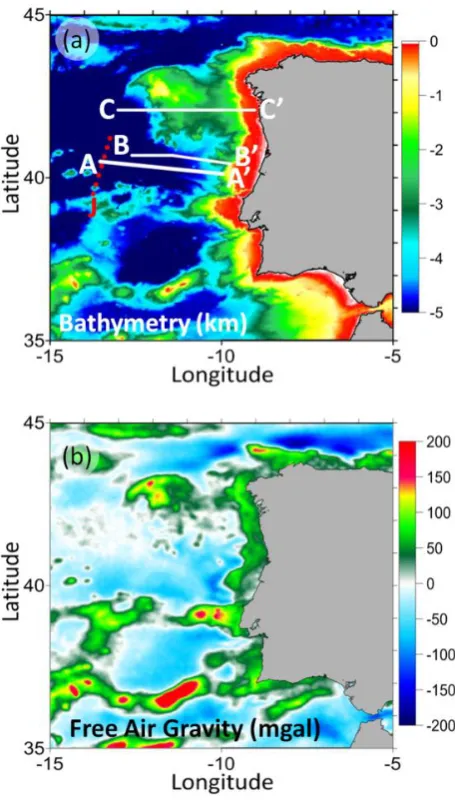 Figure 2.1 – Data used in the gravity anomaly inversion, RDA and subsidence analysis for the Iberian Abyssal Plain and Galicia Bank