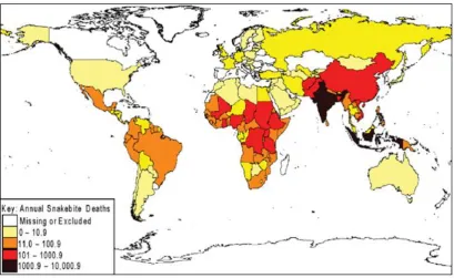 Figure 1.1 Global medical importance of snakebite: The global distribution of the 