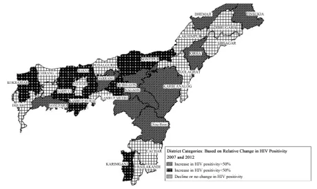 Figure 1. District map of Assam showing percentage relative change in HIV positivity during 2007-2012