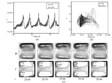 Figure 12. (a) Time-dependent flow for Dn =3000 and Gr =1000; (b) phase space for Dn =3000 and Gr =1000