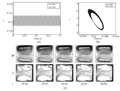 Figure 14. (a) Time-dependent flow for Dn =3000 and Gr =2000; (b) phase space for Dn =3000 and Gr =2000; (c) secondary flow patterns (top) and temperature profiles (bottom) for Dn =3000 and Gr =2000