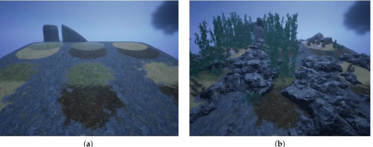 Figure 12. (a) Without surface features. (b) With surface feature. Note how surface features enhance the visual richness and correctly reflect the seabed environment.
