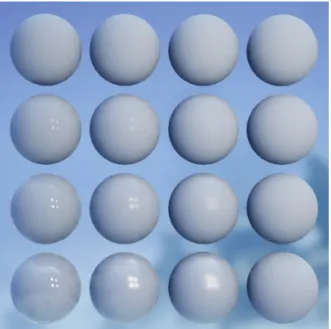 Figure 6. Rendering of materials with different parameters. Note that the roughnesses increase from left to right and the indices of reflection increase from top to the bottom.