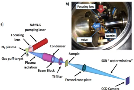 Fig. 1.  a) Overall 3D scheme of the "water window" microscope and b) Top view of the gas-puff target source chamber