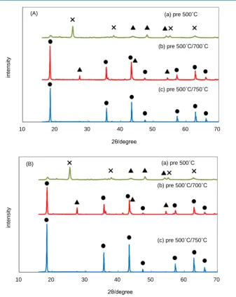 Figure 2. SEM images of the intermediate synthesized by applying (A) 30 (m2/g); (B) 50 (m2/g) anatase TiO2 after pre-sintering at 500 (˚C)