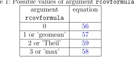 Table 1: Possible values of argument rcovformula