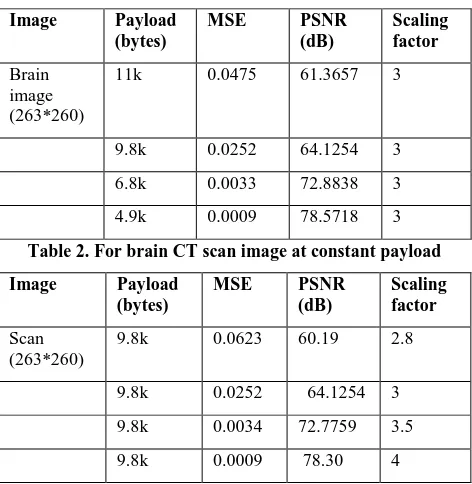 Table 2. For brain CT scan image at constant payload 