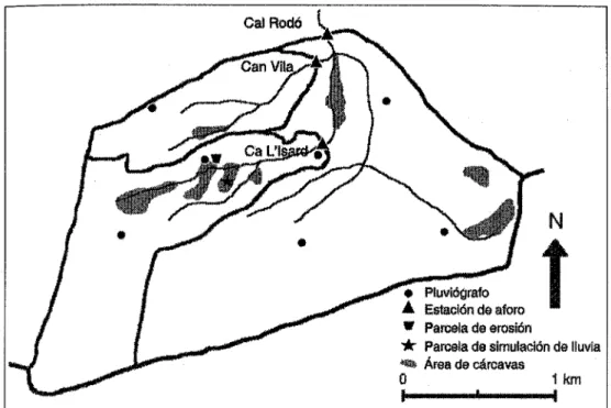 Figura 2.  Distribución de las cuencas integradas,  estaciones de aforo  y  pluviómetros en la  cuenca de Cal Rodó mencionadas en el texto