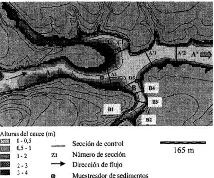 Figura 2.  Localización de las secciones estudiadas en el cauce principal de Rambla  Salada  (A)  y  cauces tributarios del Barranco de la Zarza  (B)  y  Cañada Ramblixo (C)