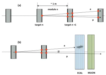 Figure 4. Scheme of a possible detector layout. (a) The detector is a modular system. Each module consists ofa low-μ/Z target (Be or C) and two silicon tracking stations located at a distance of one meter