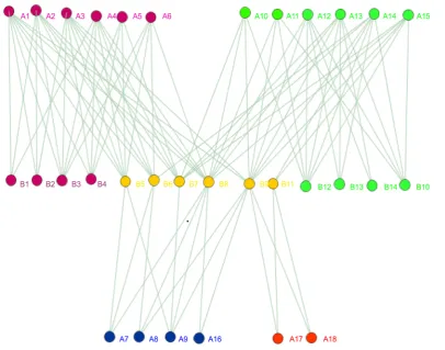 Figure 4. Result of the women-event networks partition into 4 link communities. Six yellow nodes are over-lapped, where B5; B11 belong to two communities, B6; B7; B8 belong to three communities and B9 belong to four communities