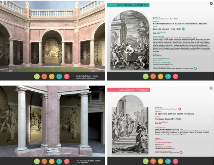Fig.	  10:	  The	  Carracci	  cloister	  (Bologna).	  Views	  of	  the	  explorable	  model	  and	  layout	  of	  the	  database	  records	  dedicated	  to	  the	   iconographic	  and	  textual	  sources:	  Cycle	  of	  St.	  Ben