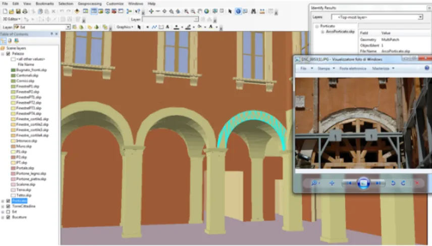 Fig. 5 - Esempio di applicazioni ICT al Patrimonio Architettonico. Sistema Informativo Architettonico (SIArch)  del Palazzo di Margherita d'Austria a L’Aquila: correlazione tra il modello e l'analisi dell'apparecchiatura 