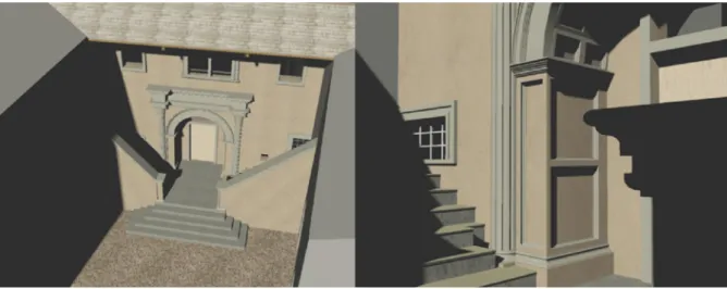 Fig. 2 - Esempio di applicazioni ICT al Patrimonio Architettonico: il modello 3D del cortile di palazzo Fiore a  L’Aquila (modello ed elaborazione digitale di Andrea Ciarcelluti)