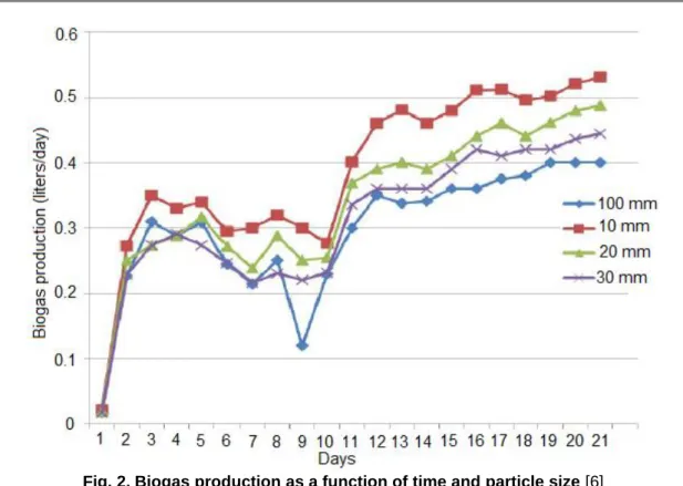 Fig. 2. Biogas production as a function of time and particle size [6] 