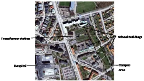 Figure 2. A Google Map excerpt showing the area (500m  x 500m) which  the students explored, collecting information