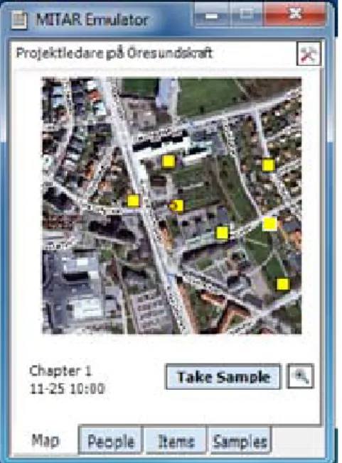 Figure 4. The map tab view for the Project leader group with NPCs (yellow  dots) to interview and their own location in the area (orange dot)